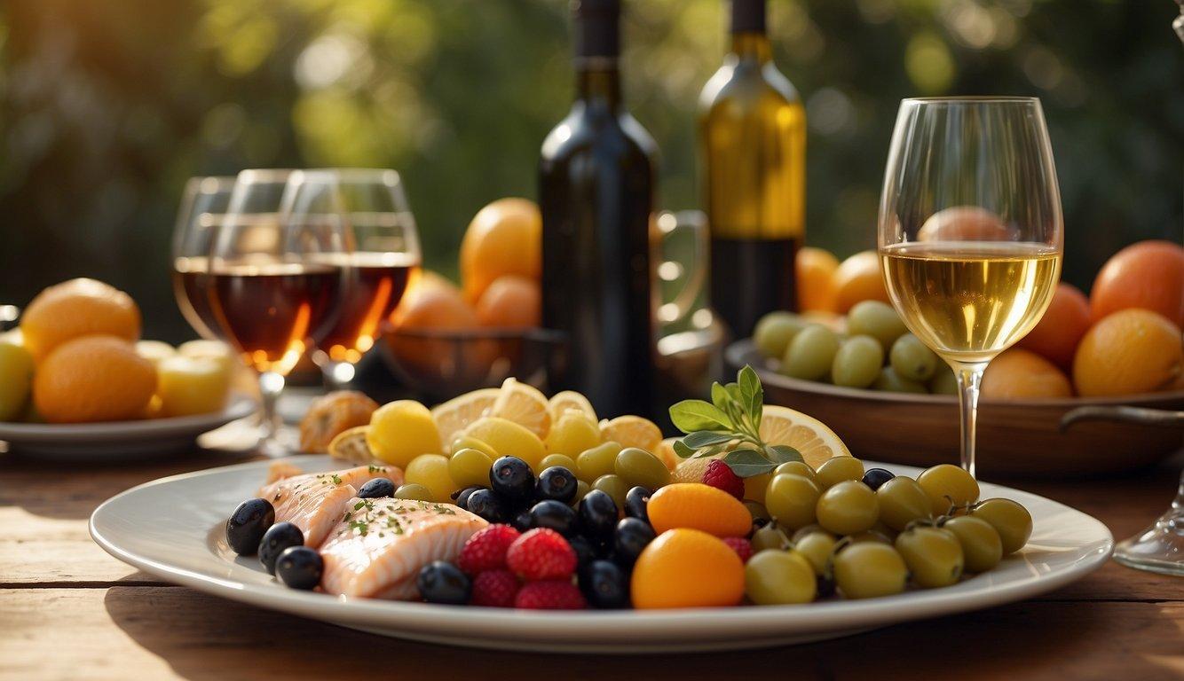 A table set with colorful fruits, vegetables, olive oil, and whole grains. A bottle of wine and a plate of fish and olives. The scene is bathed in warm sunlight